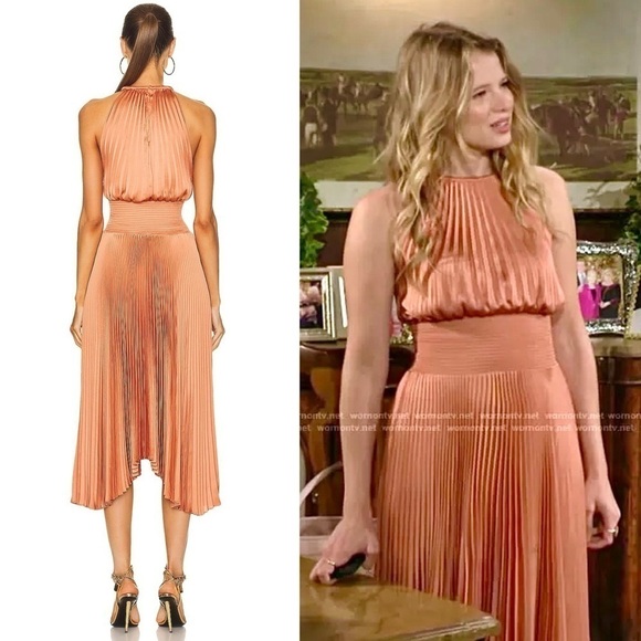 ALC Copper Satin Pleated Sleeveless Halter Smocked Waist Asymmetrical Hem Gown 2 - Picture 10 of 16